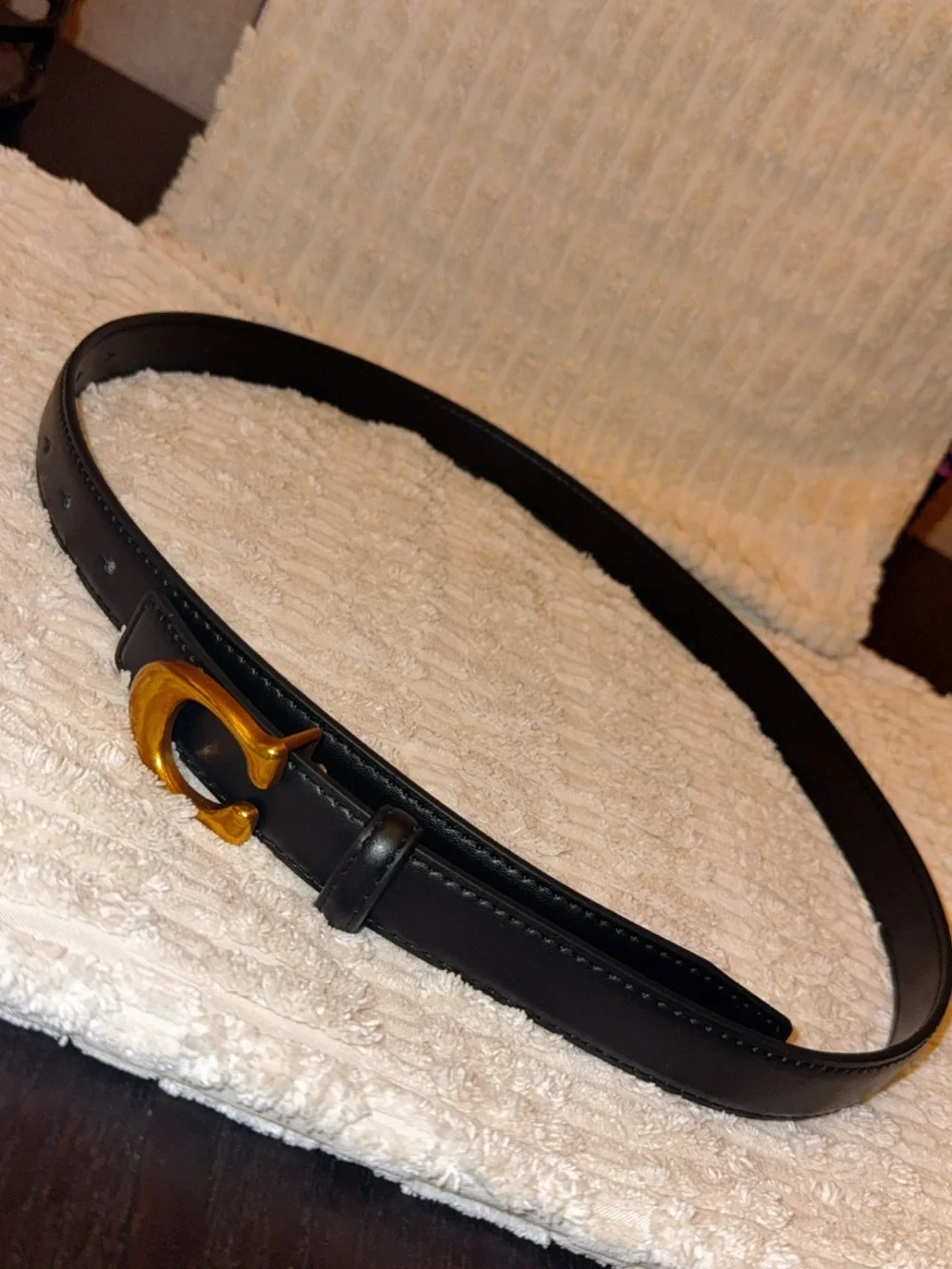 Black Leather Belt with Gold 'C' Buckle - Women's Fashion Accessory